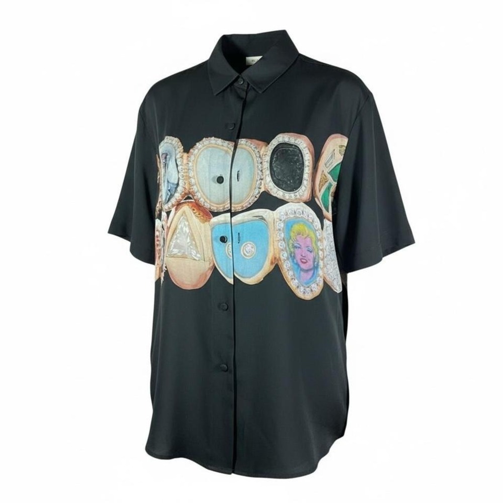 BLDG4 black silk button up shirt with‎ graphic print